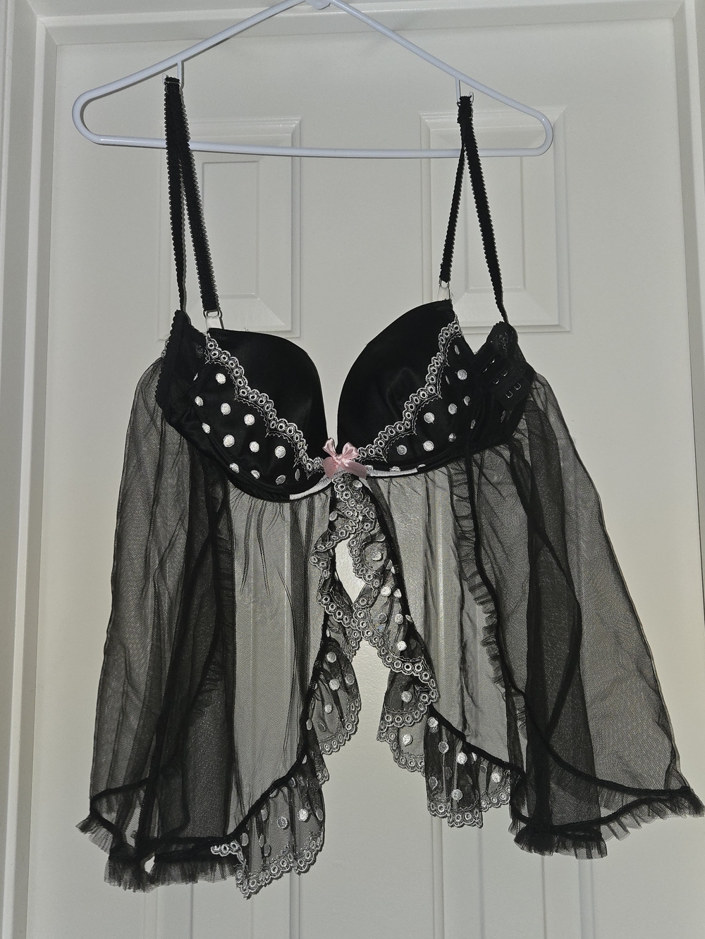 Victoria's Secret Black Sheer Lace Babydoll with Pink Bow